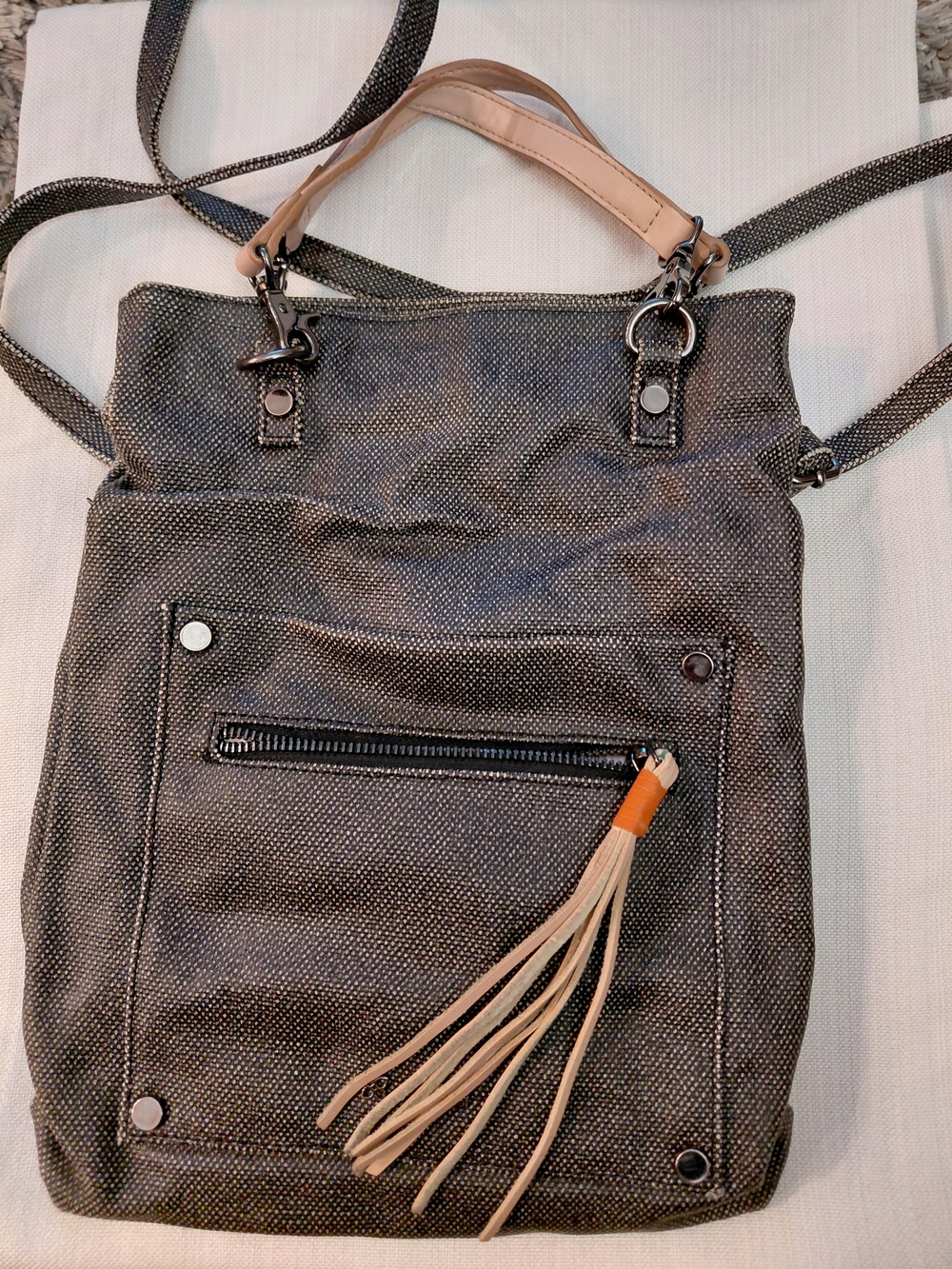 Sherpani Textured Charcoal Crossbody with Beige Tassel Accent